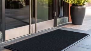 a black floor mat in front of a business door